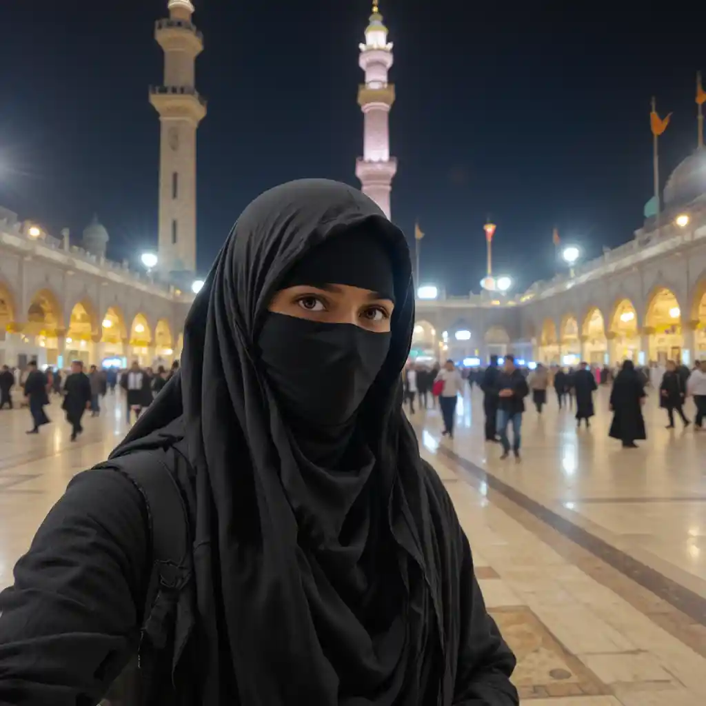 Woman in black burqa taking selfie in scenic place