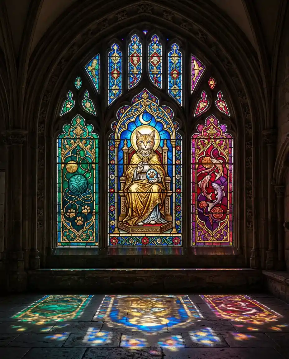 Finestra gotica di cattedrale con un gatto santo in vetro colorato
