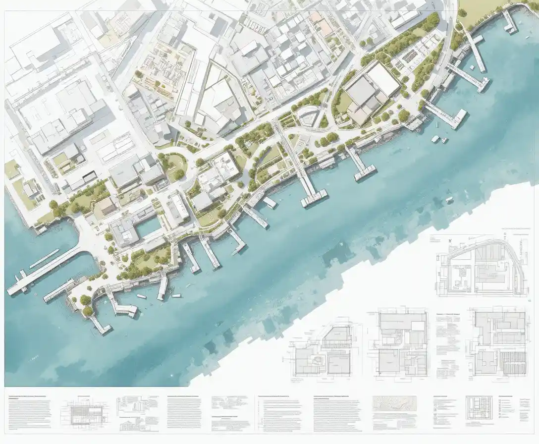 Waterfront urban masterplan architectural competition presentation board