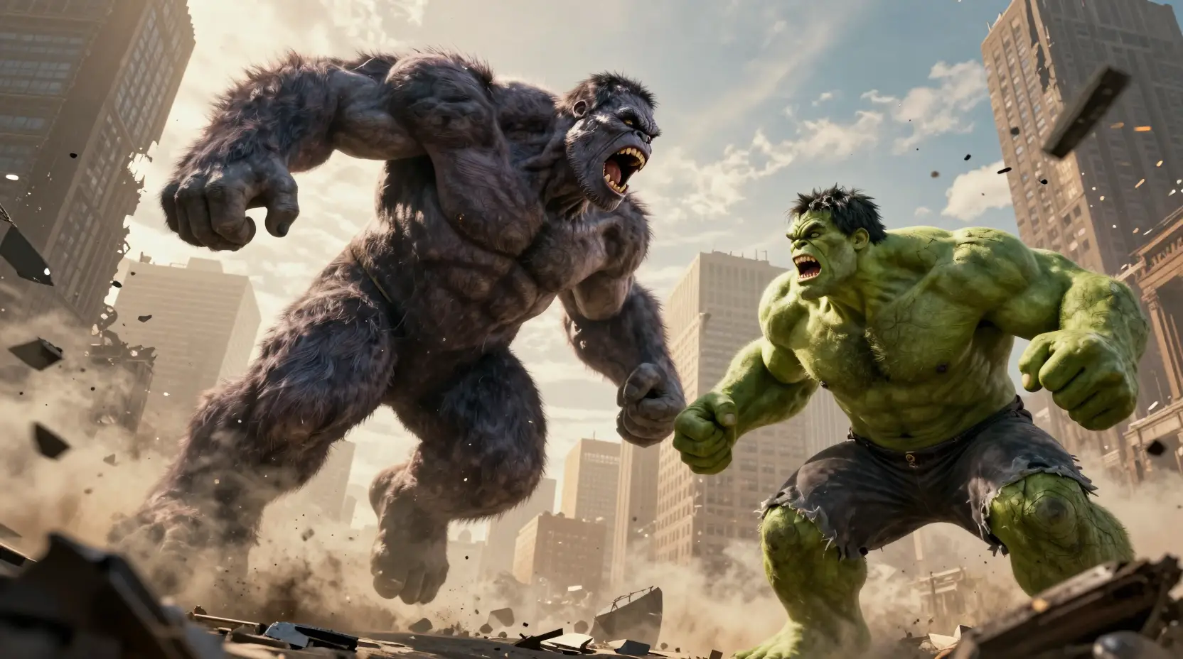 Giant monsters clash in a devastated modern city