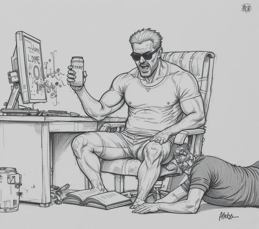 Muscular man in comic office scene with tense gesture