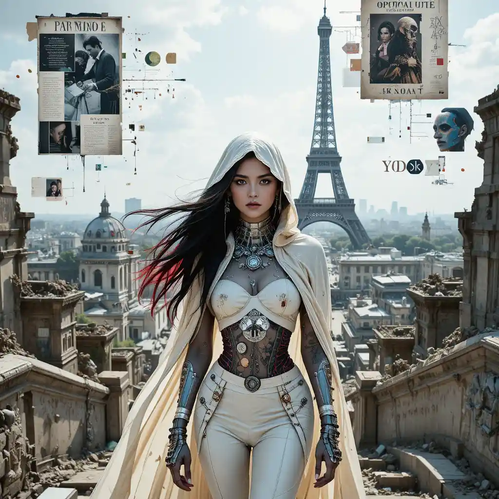 Cyberpunk woman on a ruined chrome palace staircase