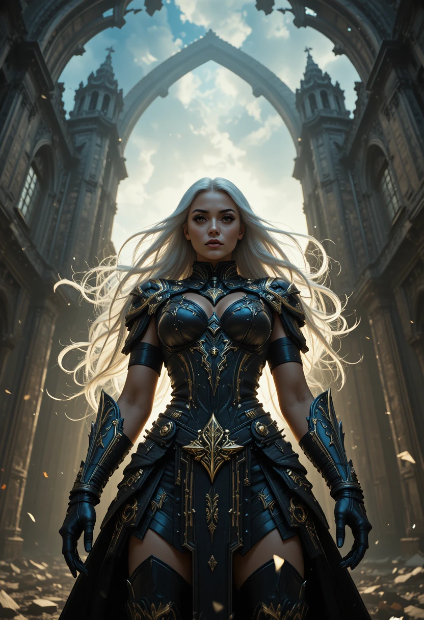 Dark armored anti paladin woman at ruined cathedral