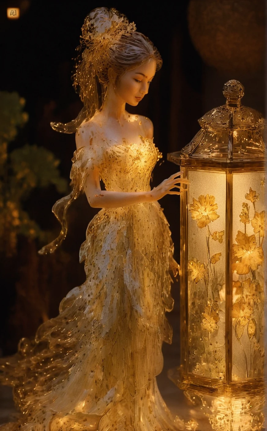Glass woman sculpture beside a softly glowing lantern