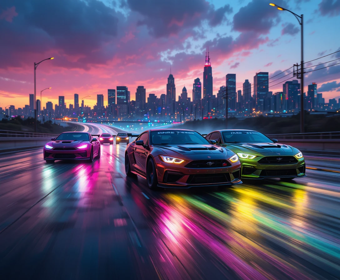 Neon cars racing down a wet chromatic city highway