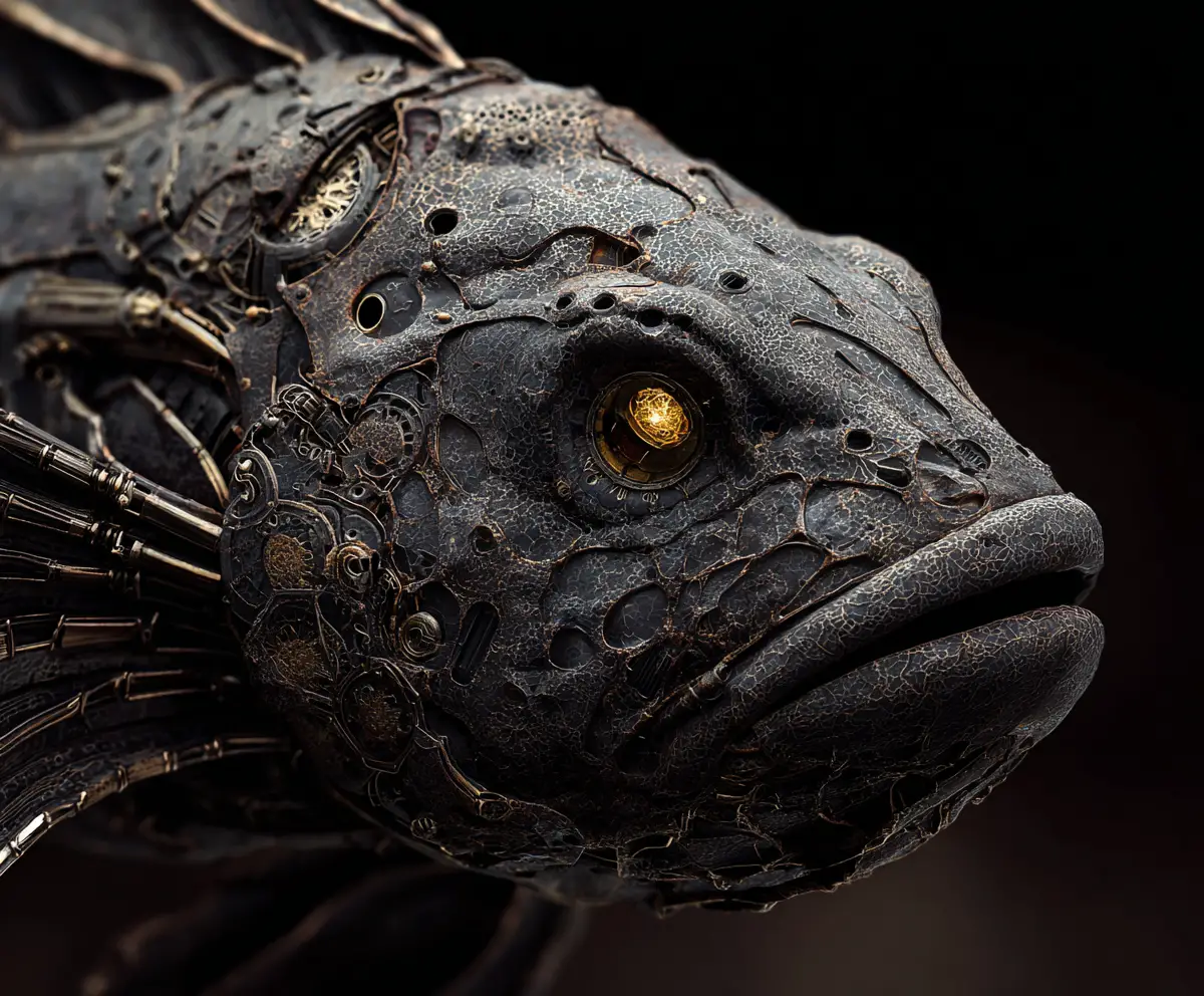 Gigantic Mechanical Cyber Fish With Glowing Golden Eyes
