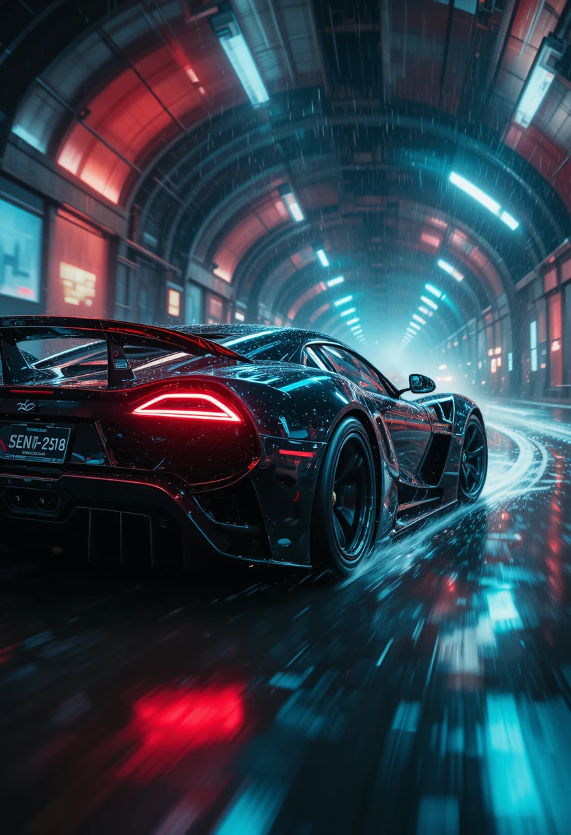 Futuristic Supercar Drifting Through Neon Lit Urban Tunnel