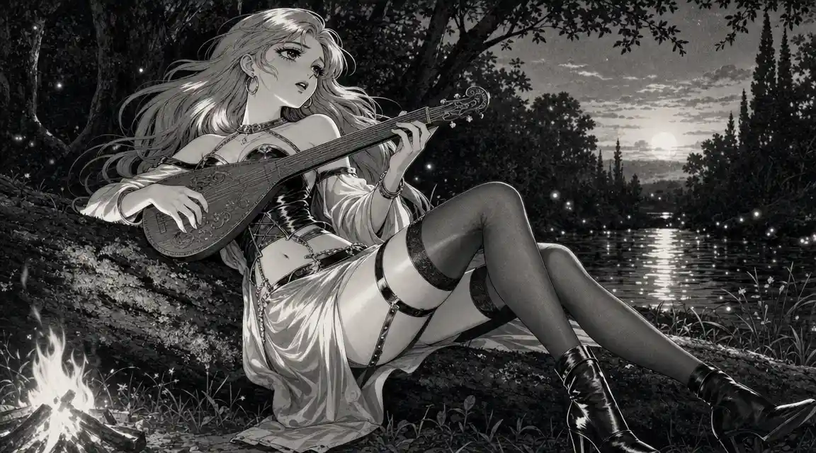 Anime bard playing lute by a riverside campfire