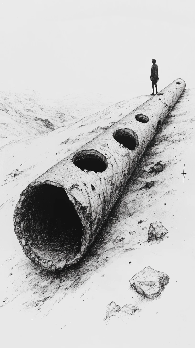 Tiny figure walking along a massive fallen flute structure