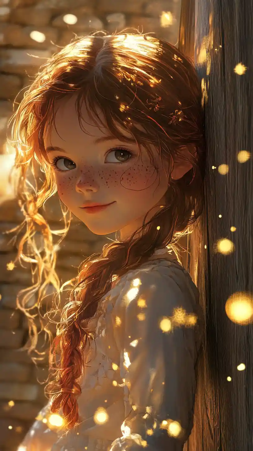 Freckled anime girl by an old barn door at sunset