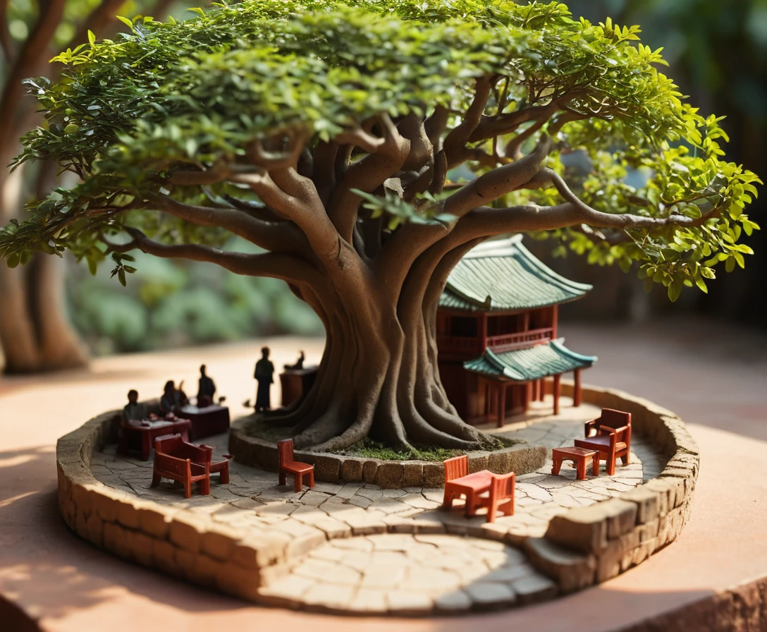 Miniature Vietnamese village courtyard under soft morning light