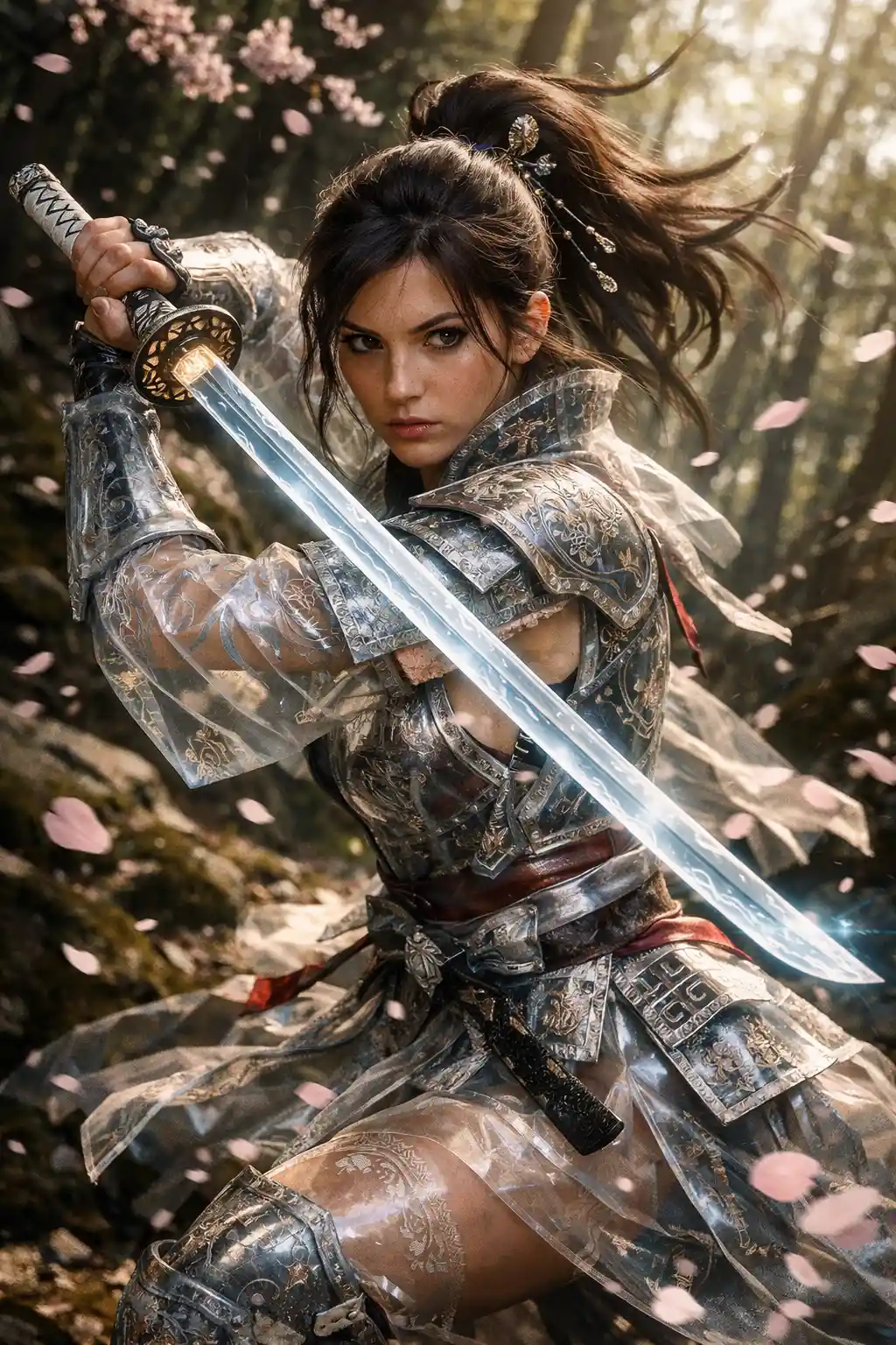 Fantasy warrior woman with katana in mystical forest