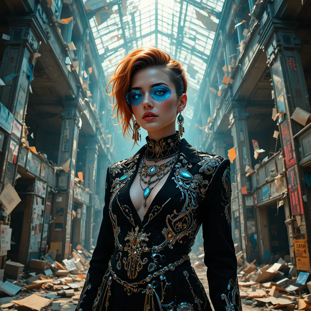 Cyberpunk-Königin im brutalistischen Atrium – Fashion-Porträt