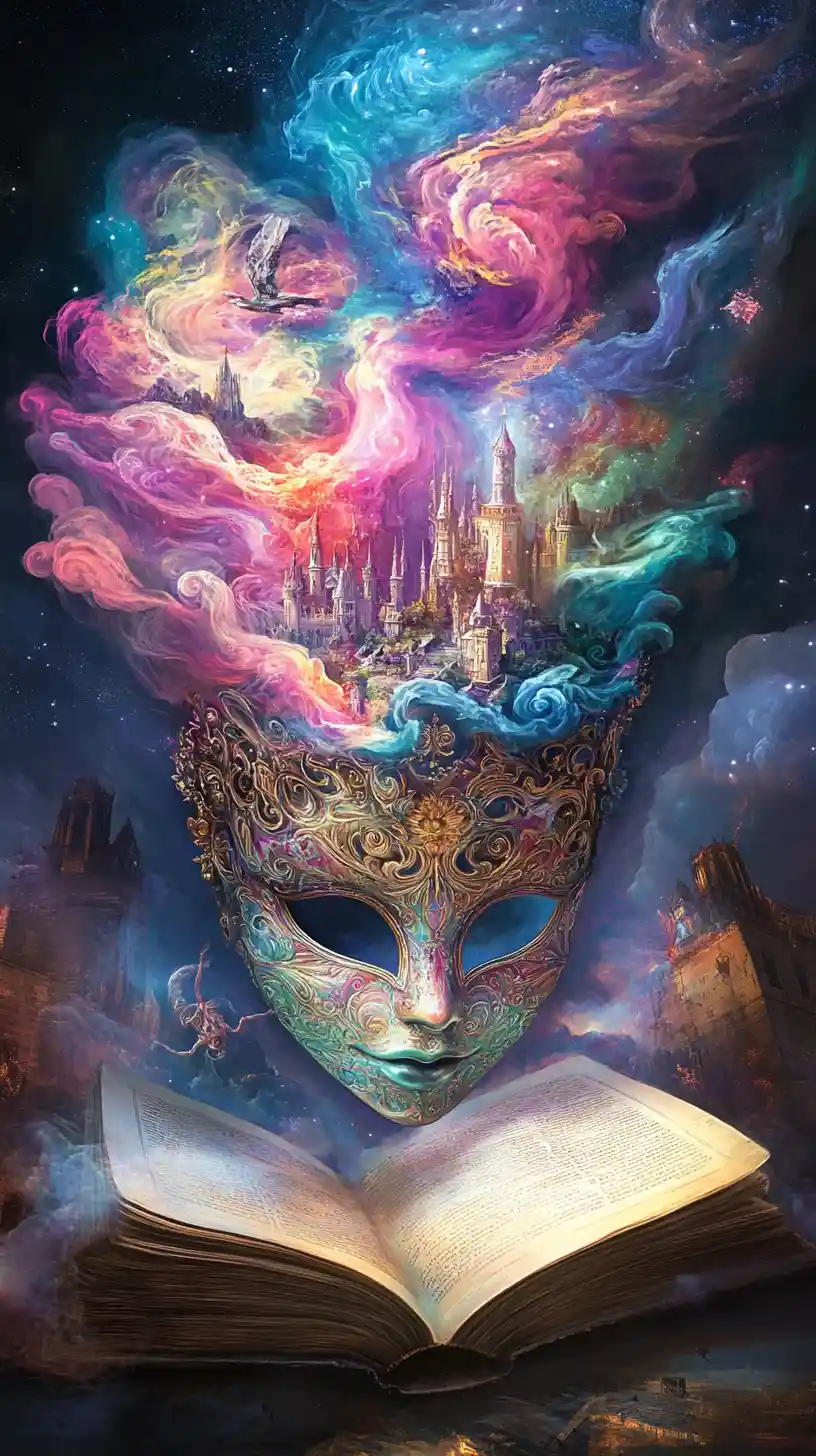 Ornate Theater Mask On Book With Dreamlike Fantasy Smoke