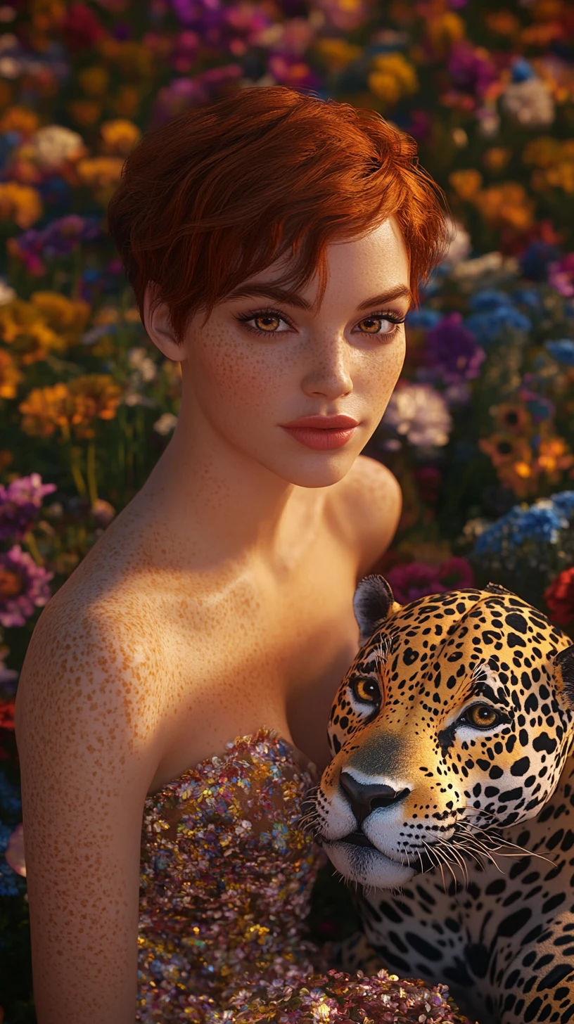 Red haired woman with jaguar in a sunset flower field