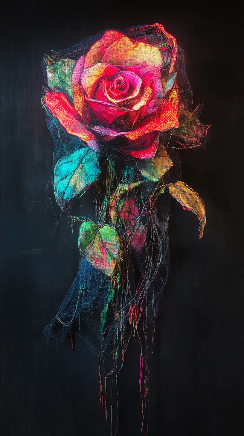 Surreal textile rose figure with frayed threads and vines