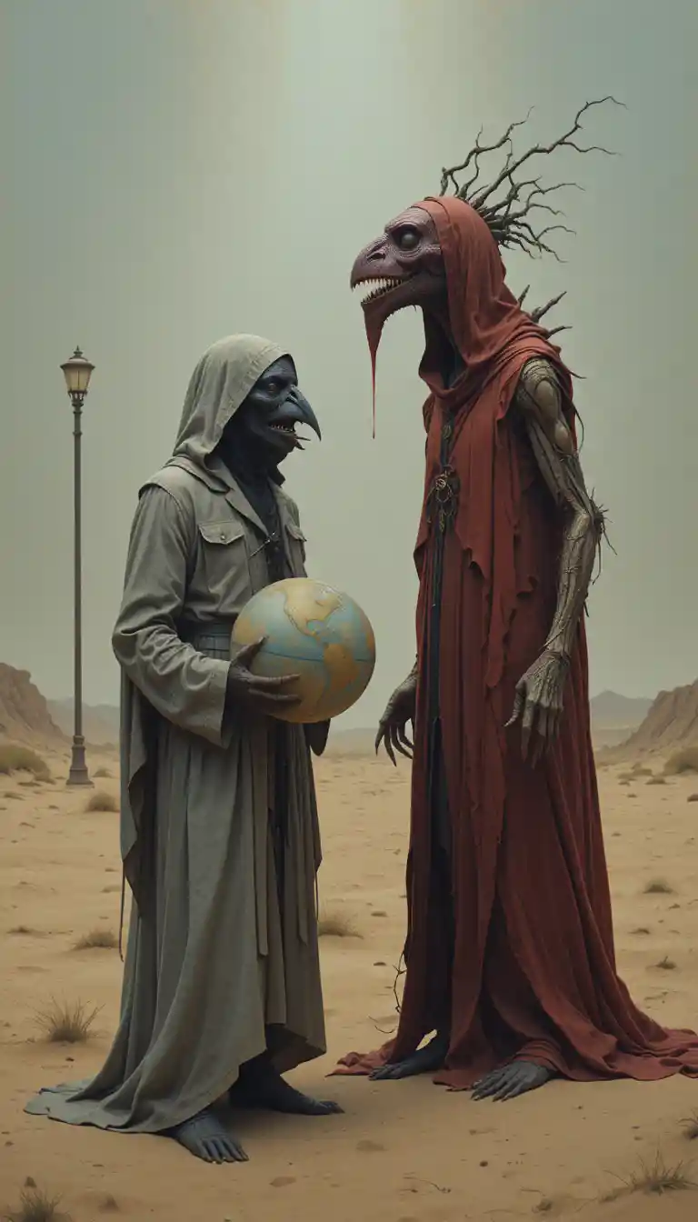 Hooded figure with bird mask holding a globe in desert