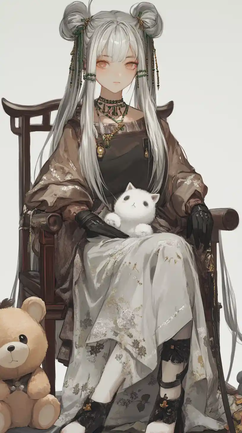 Anime girl with silver hair holding a stuffed kitten