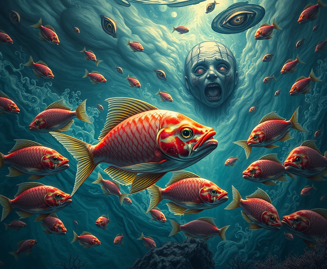 Surreal underwater storm of watching eyes and drifting fish