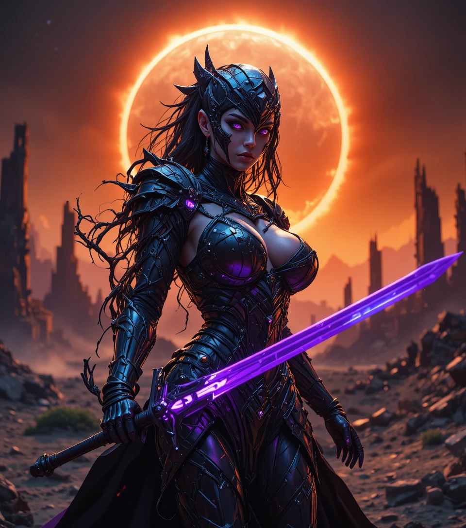 Paladina oscura con lama runica viola sotto un’eclissi
