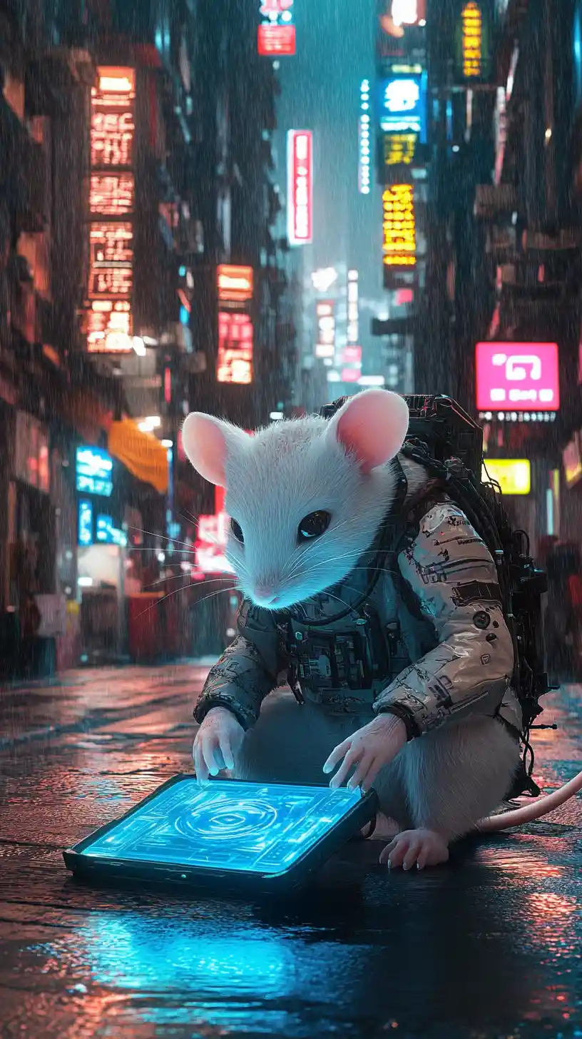 Cyberpunk mouse hacking on a neon city street