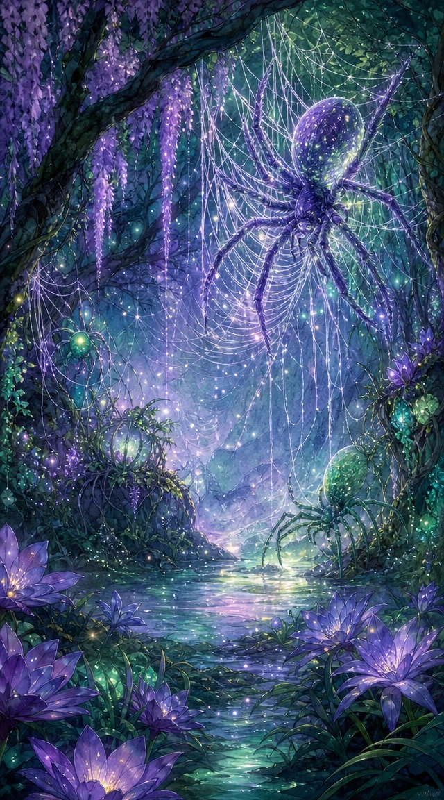 Whimsical Watercolor Grove With Luminous Spiders And Webs