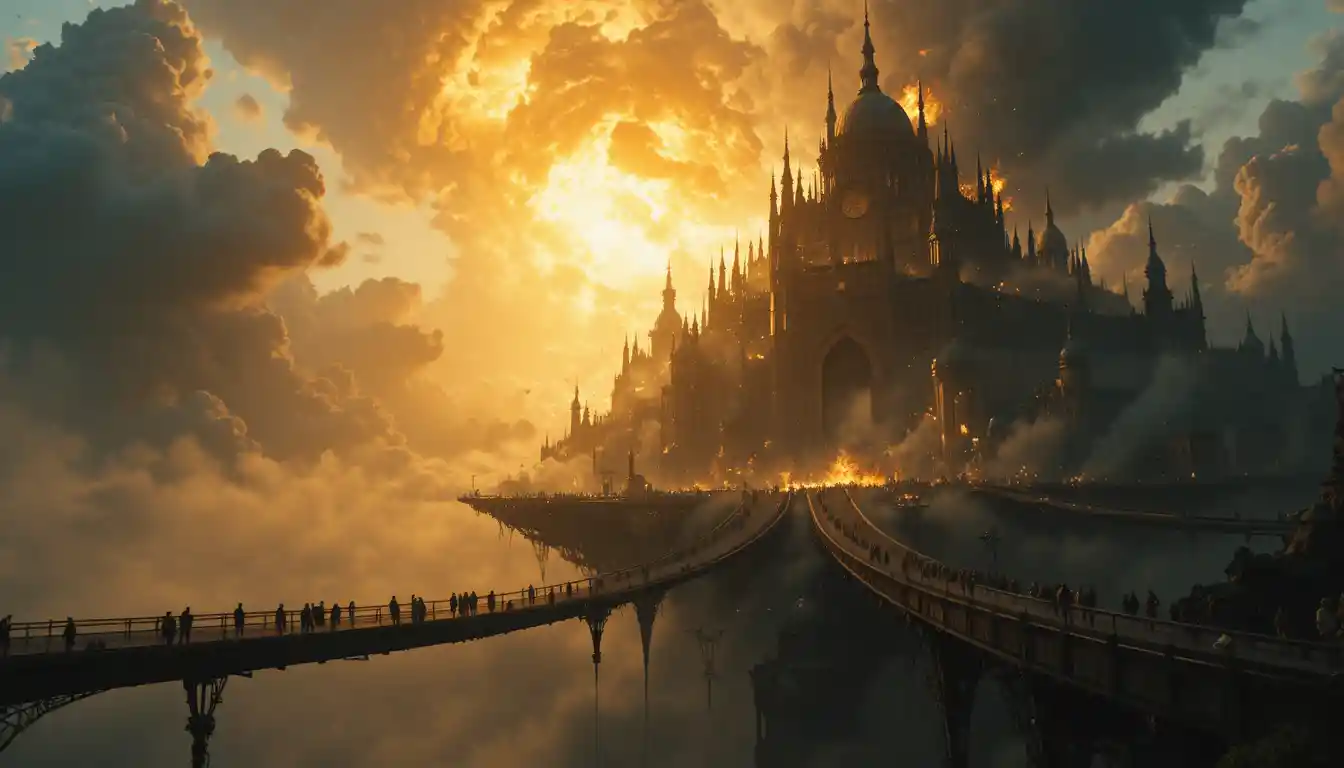 Floating kingdom collapsing in flames above sunset clouds