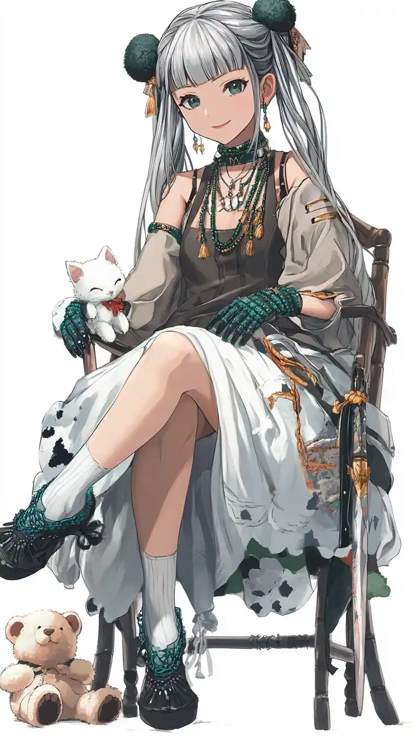 Anime girl with silver hair holding a stuffed kitten