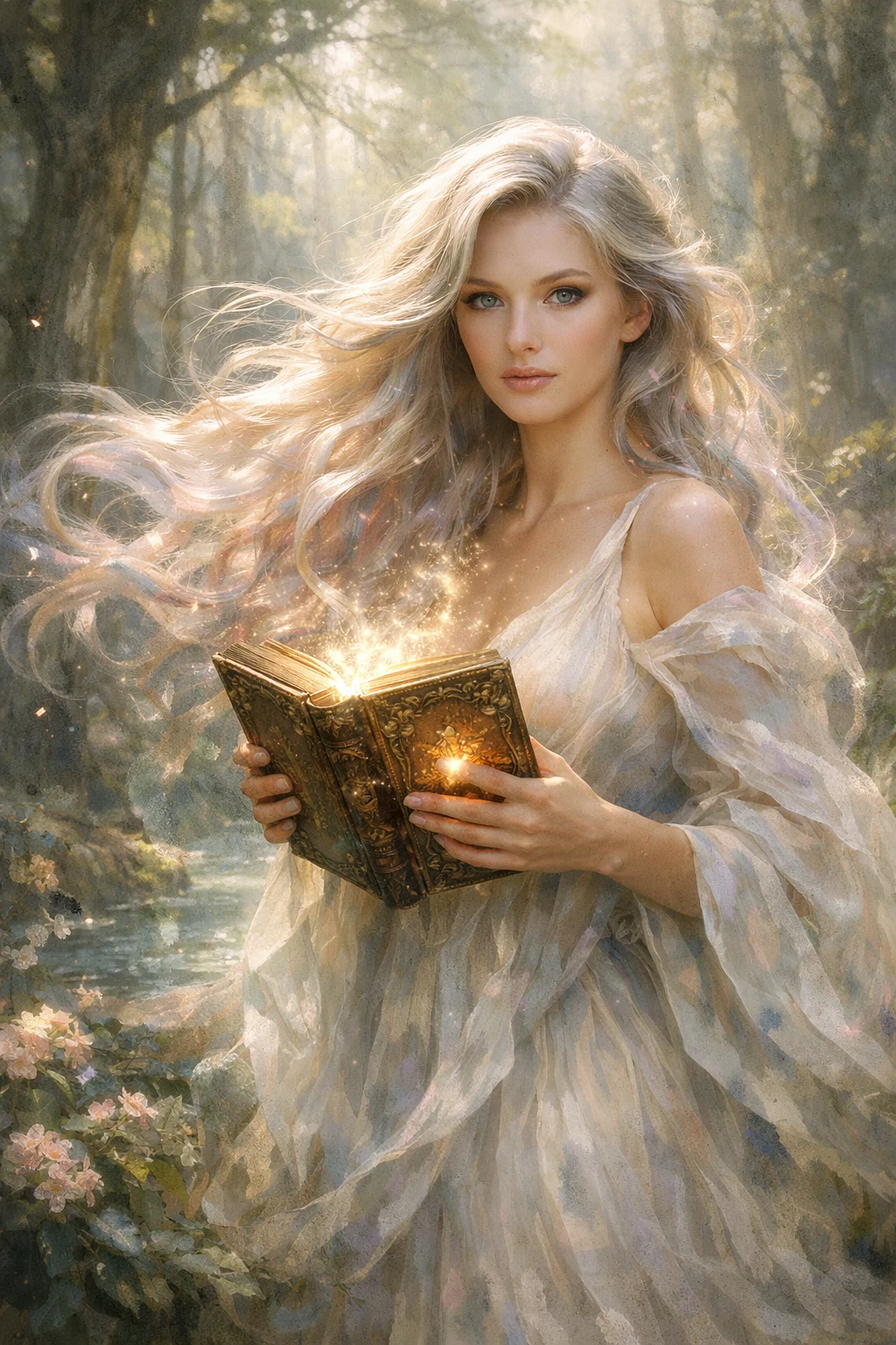 Mystical woman with glowing book in enchanted forest clearing