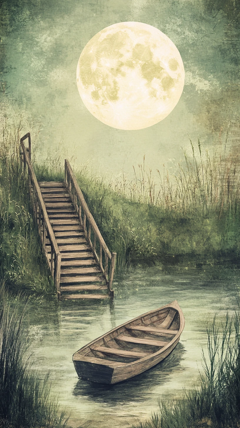 Watercolor moonlit river with wooden rowboat and staircase