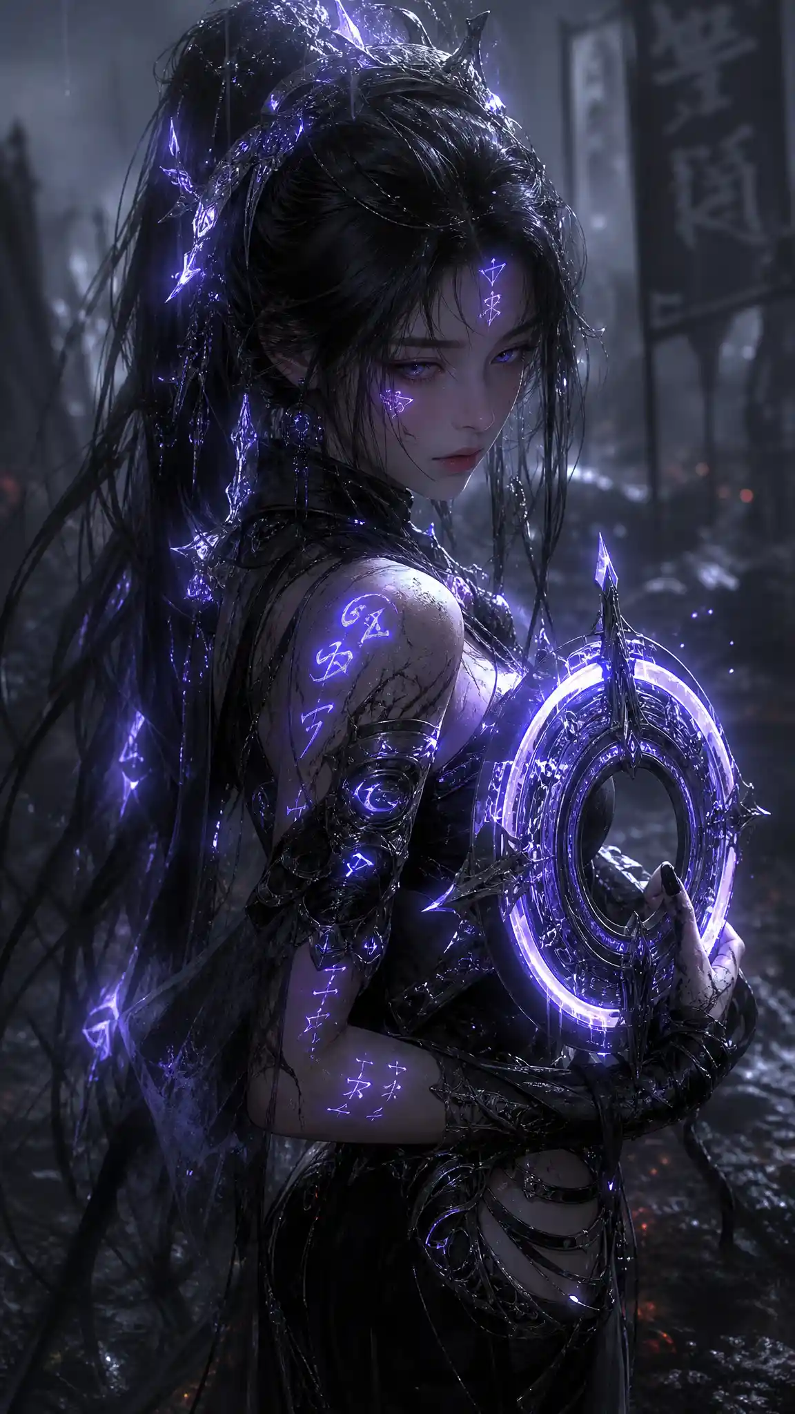 Cyber armored woman with glowing runes and chakra weapon
