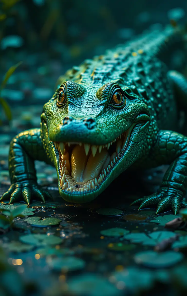 Grünes Alligator kriecht in der Morgendämmerung durch einen blauen Sumpf