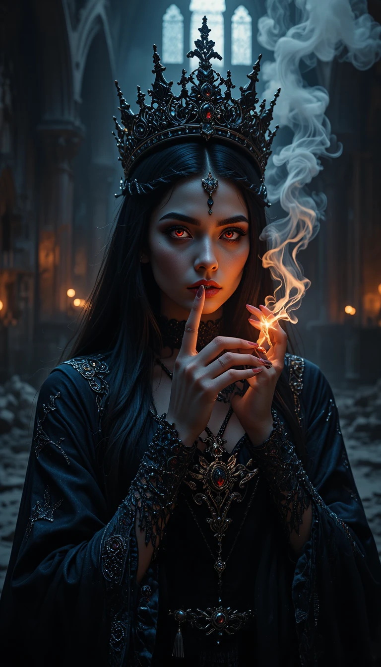 Gothic empress portrait in a deserted candlelit cathedral