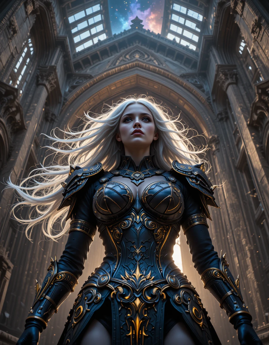 Dark armored warrior woman before ruined gothic cathedral