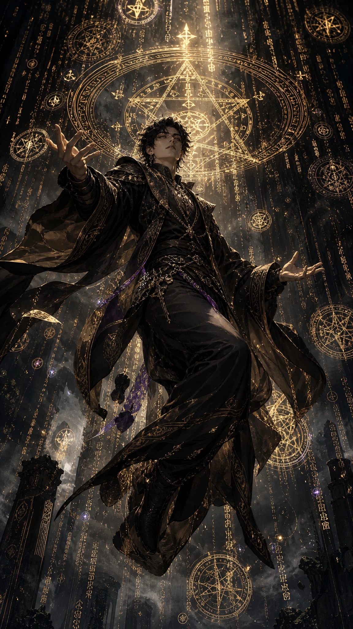 Young Man Floating Before Glowing Magical Pentagram Circles