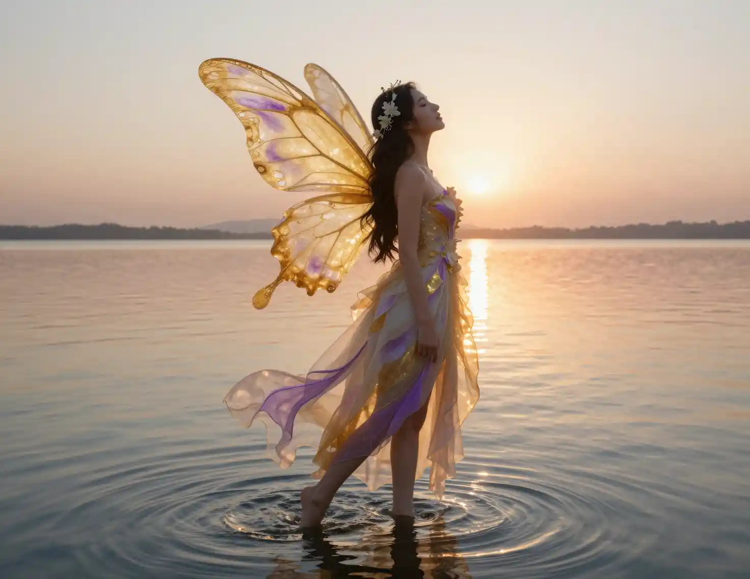 Joyful winged woman standing in a glowing sunrise lake
