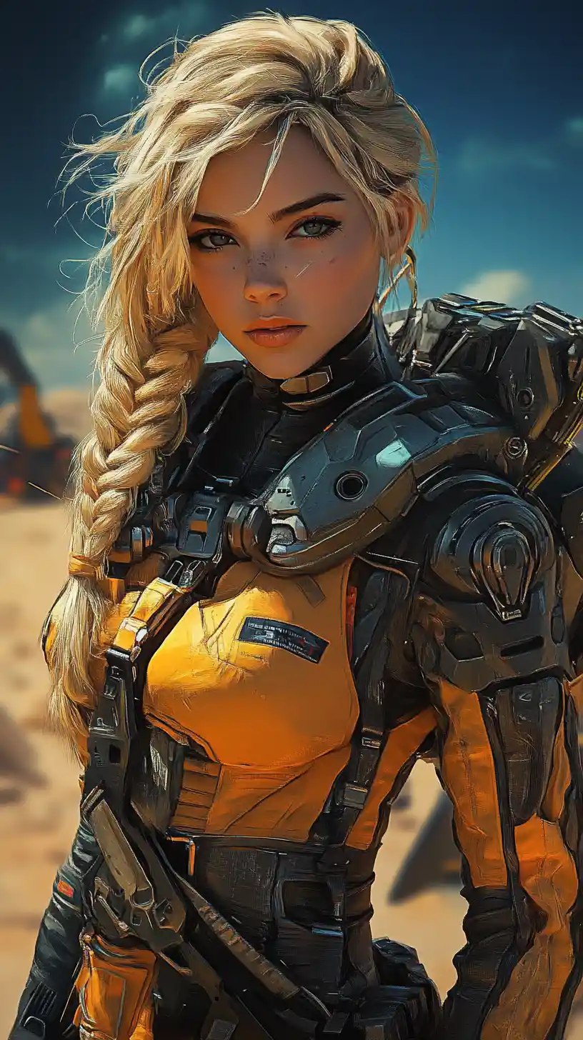 Blond desert scout woman in anime sci fi airfield