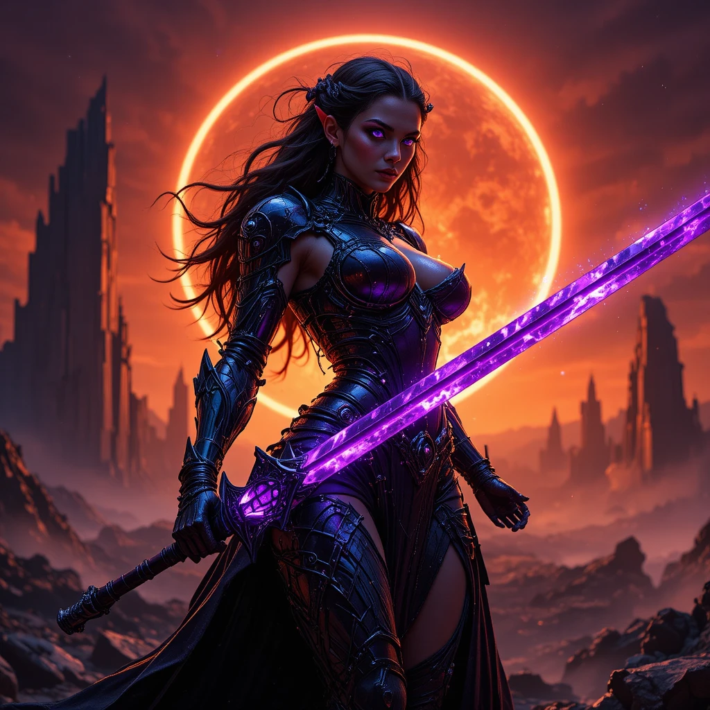 Dark paladin woman with violet runeblade under eclipse
