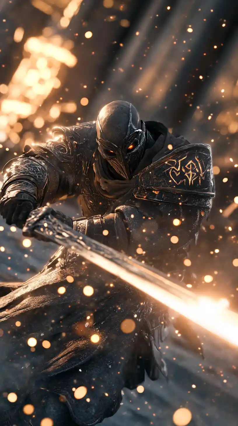 Warrior swings a blade past the viewer in dynamic combat