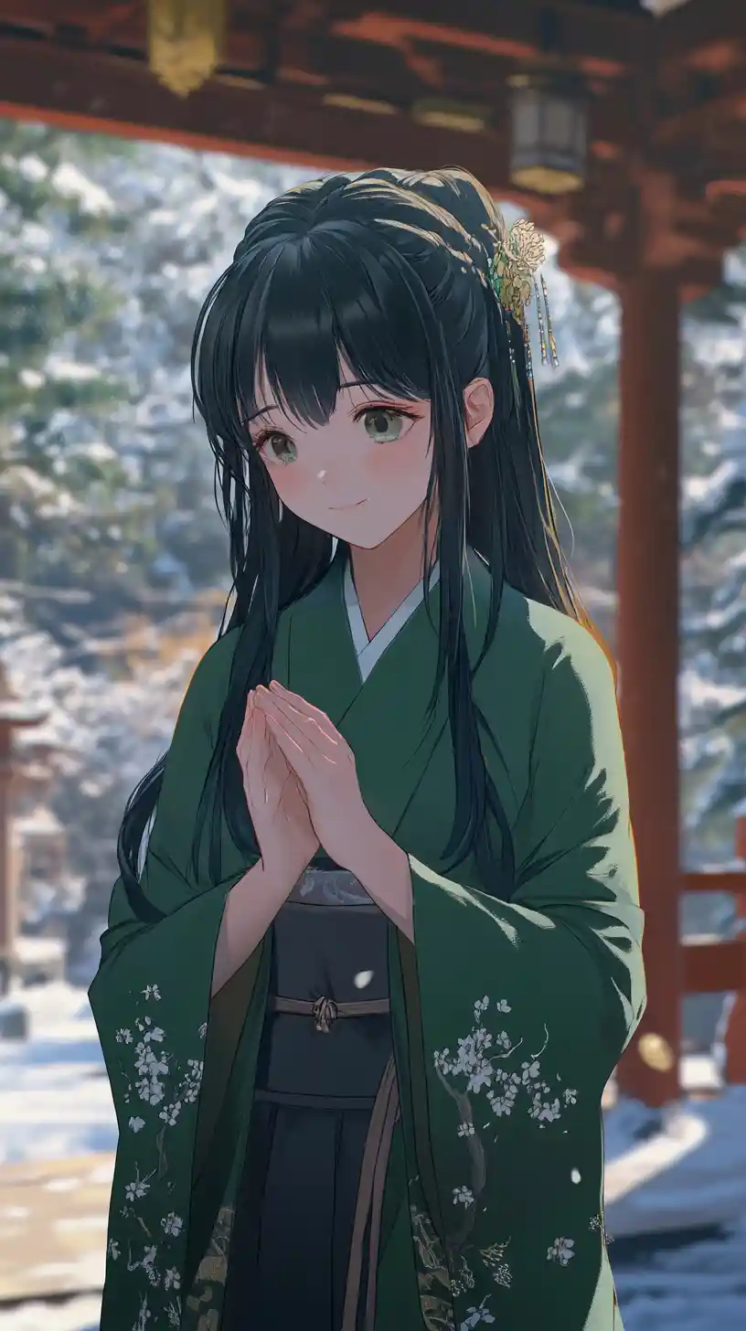 Sad anime girl in a golden dress before a forest temple