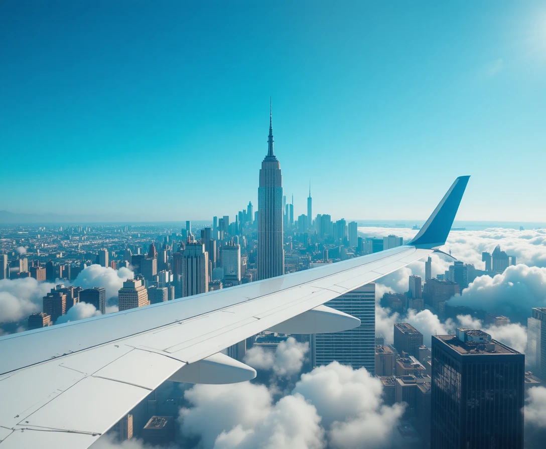 Aerial view of airplane wing above Manhattan skyline