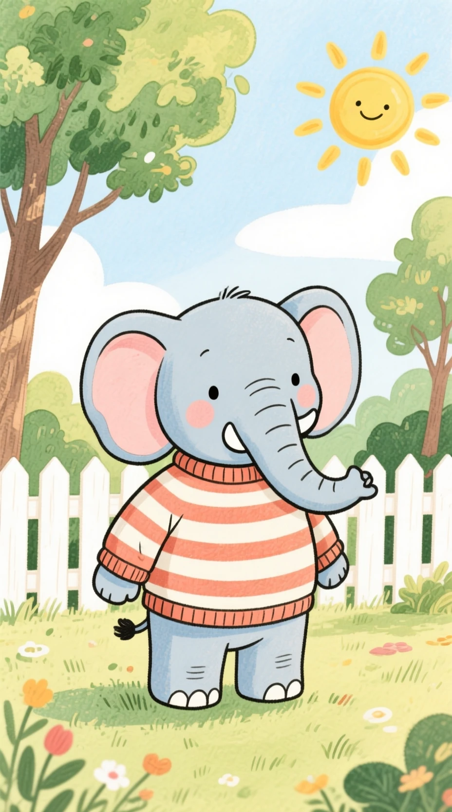 Cute watercolor cartoon elephant in striped sweater outdoors
