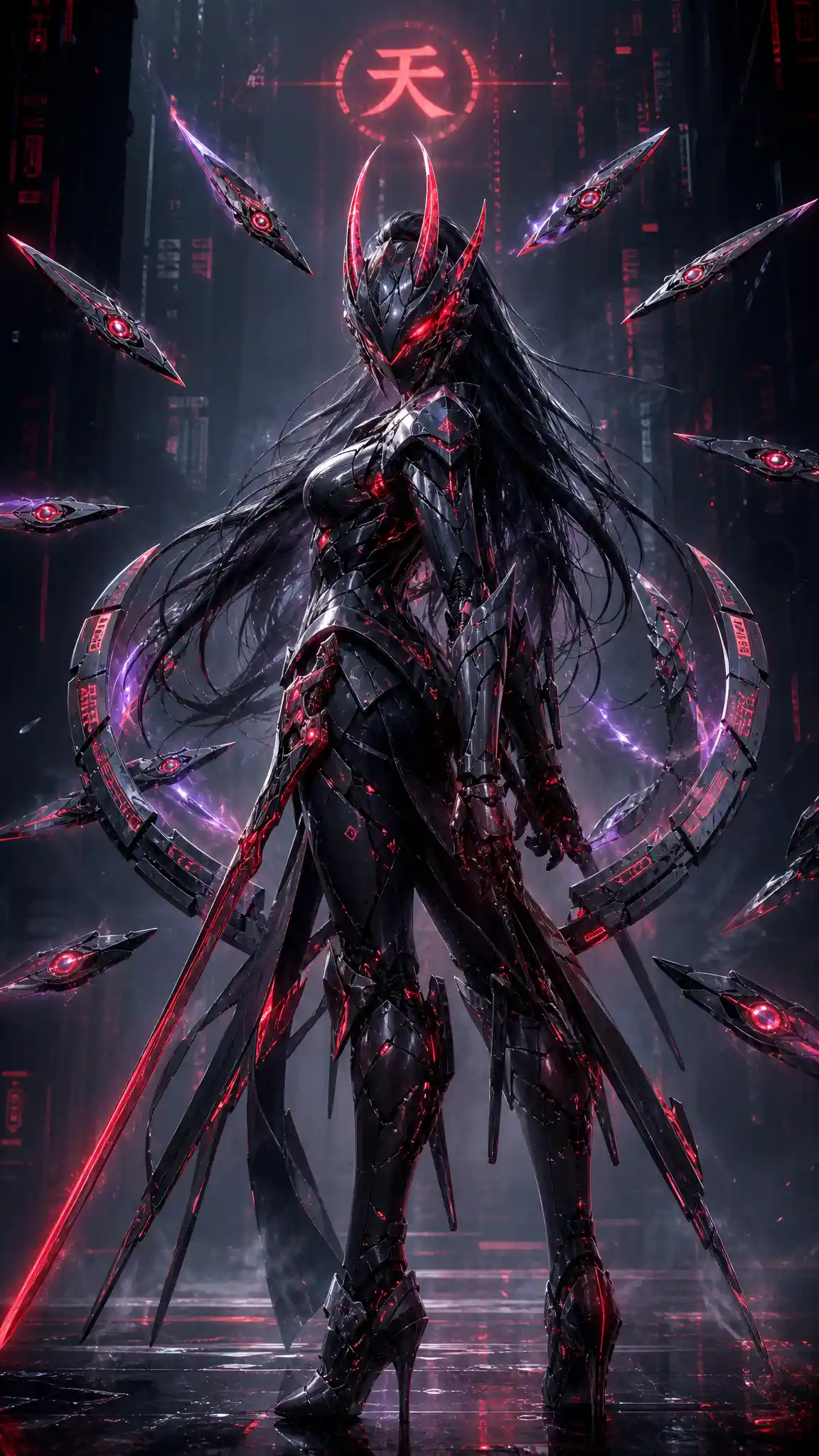 Cyber warrior woman with horned helmet and floating blades