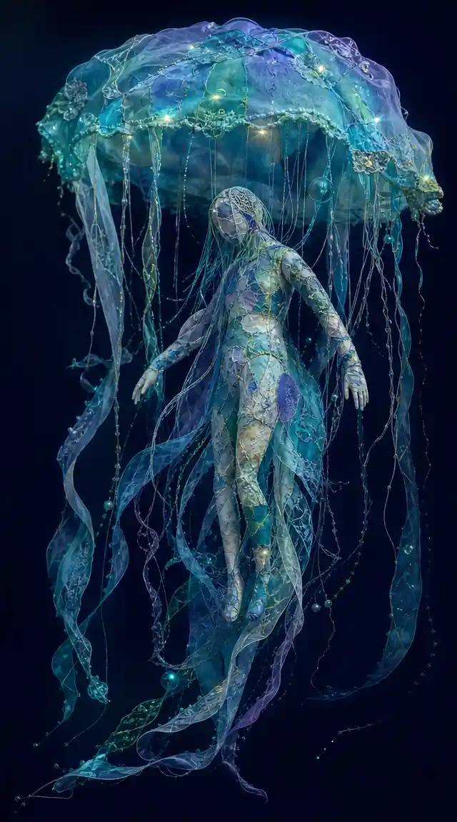 Ethereal textile figure dissolving into flowing thread currents