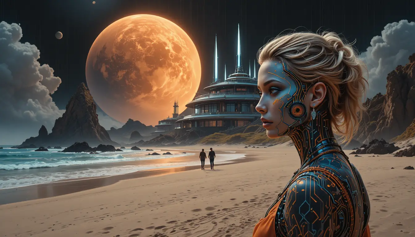 Complexe futuriste sur une plage alien sous une planète géante