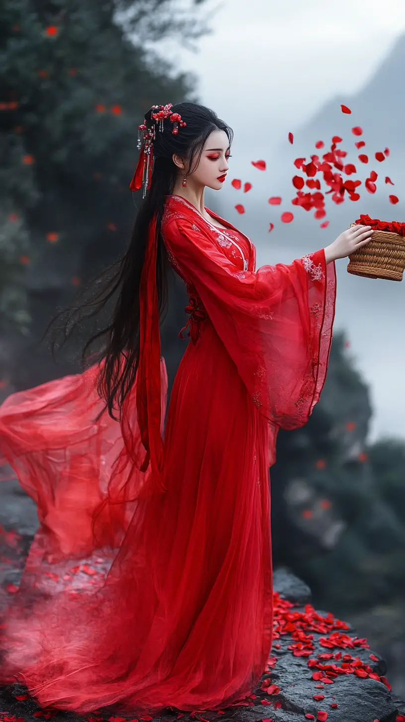 Woman in red hanfu scattering rose petals from cliff