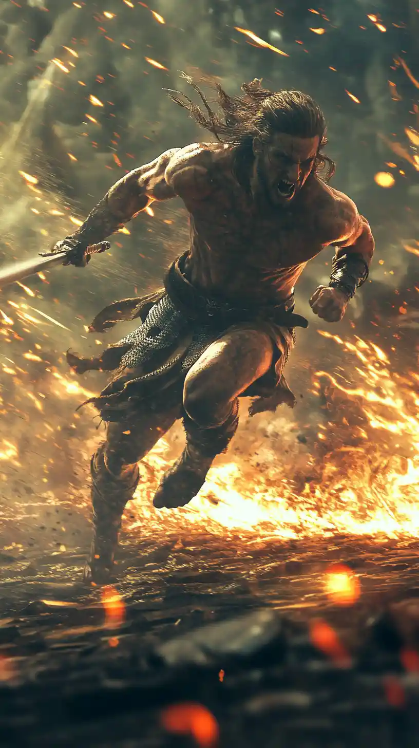 Warrior sprinting forward with sword in dramatic foreshortening