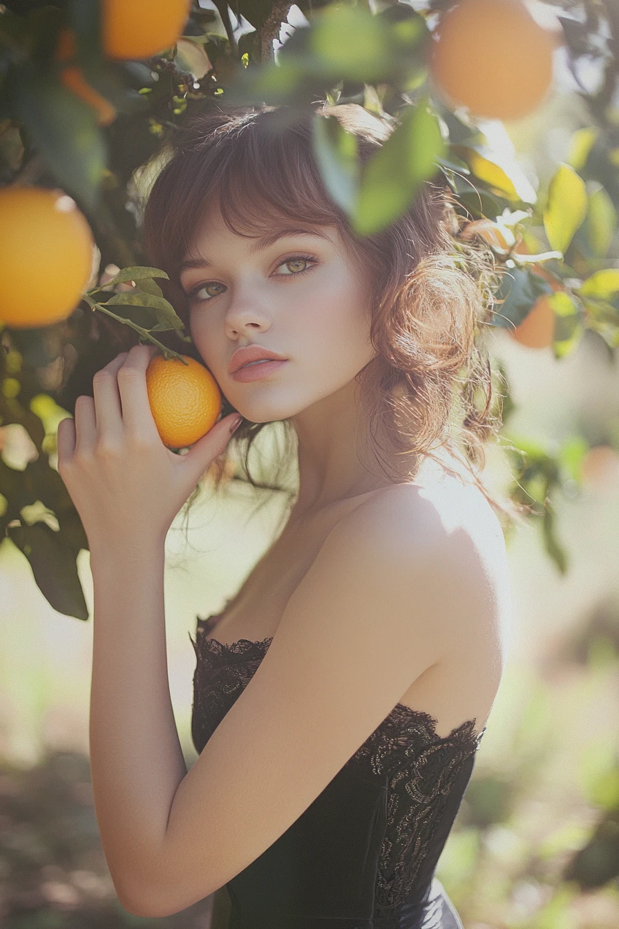 Whimsical girl by an orange tree in pastel fantasy painting