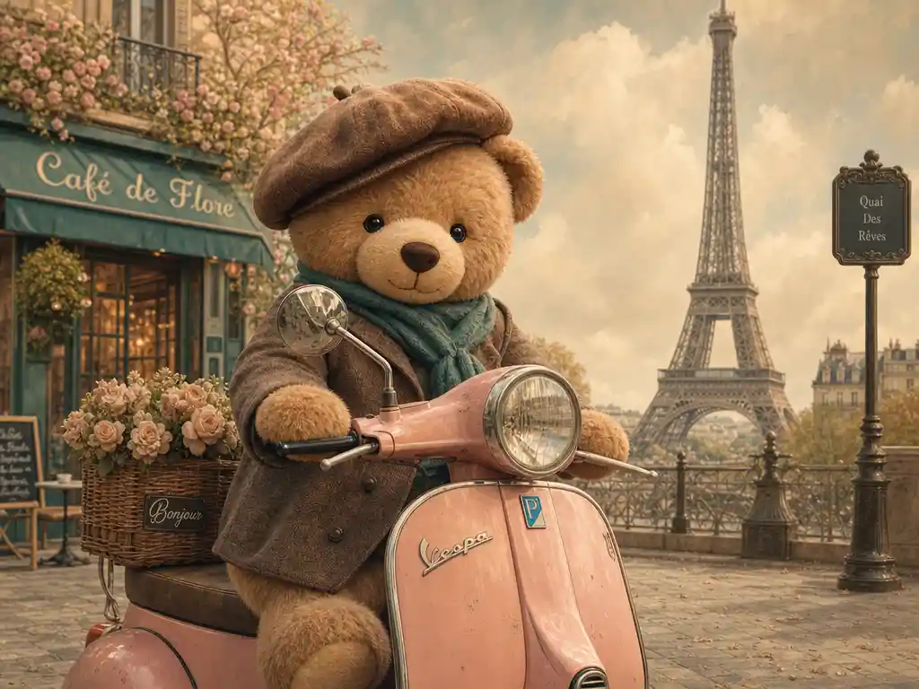 Teddy bear riding a pink vespa in Paris illustration