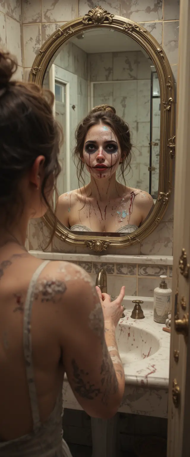 Woman doing makeup in bathroom with eerie eyes in mirror